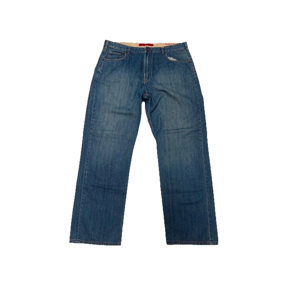 Nautica Relaxed Fit Jeans Mens 38x32 Medium Wash Blue Denim Wide Leg Distressed